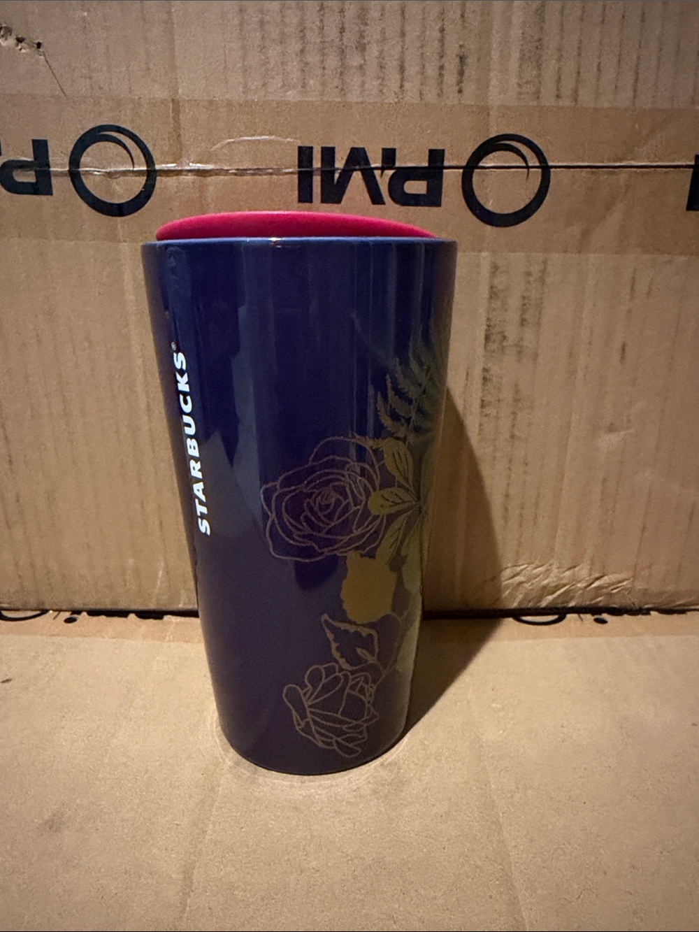 Starbucks Purple Ceramic Tumbler with Pink Lid and Gold Floral Accents